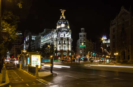 MADRID, SPAIN - SEPTEMBER 2  View of famous Metropolis building in Gran Via street at night, in Madrid, Spain, on September 2, 2013のeditorial素材