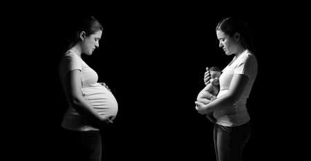 Collage of beautiful girl before and after the pregnancy with her newborn on black backgroundの写真素材