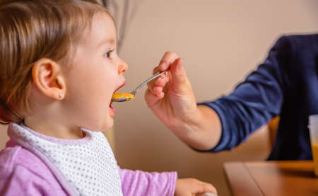Closeup of adorable happy baby sitting in a feeding chair eating puree from a spoon in the hand of her mother at home. Selective focus on the puree.の写真素材