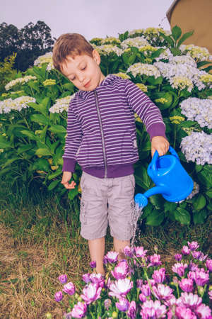 Portrait of happy cute boy watering flowers in the garden with a blue watering canの写真素材