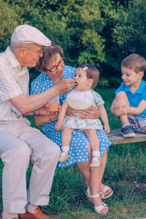 Senior man feeding with fruit puree to adorable baby girl sitting over a senior woman in a bench outdoors. Grandparents and grandchildren lifestyle concept.の写真素材