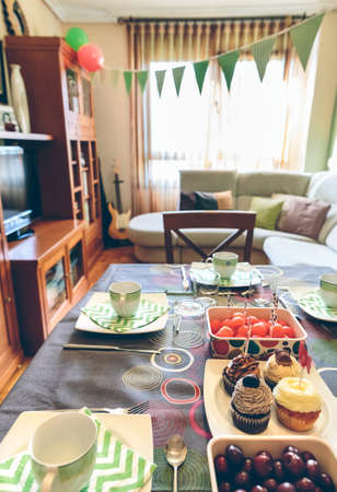 Decorated living room for a surprise breakfast partyの写真素材