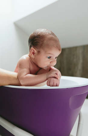 Newborn girl in the bathtub held by her mother upside downの写真素材