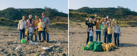 Group of volunteers posing before and after cleaning the beach
