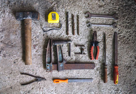 Top view of carpenter tools on concrete backgroundの写真素材