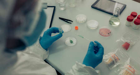 Top view of unrecognizable scientist testing antivirus in a laboratory