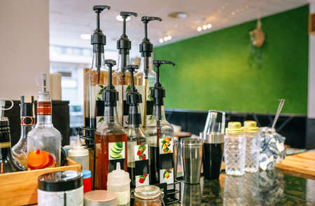 Bar counter with bottles for making cocktails