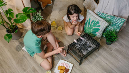 Top view of brothers camping at home toasting marshmallows to make smoresの写真素材