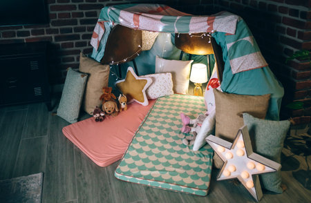 Diy tent decorated and prepared for pajama partyの写真素材