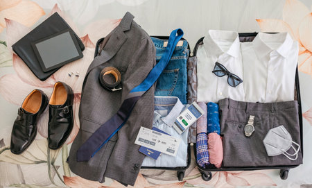 Top view of businessman suitcase prepared for business trip with covid passport on mobileの写真素材