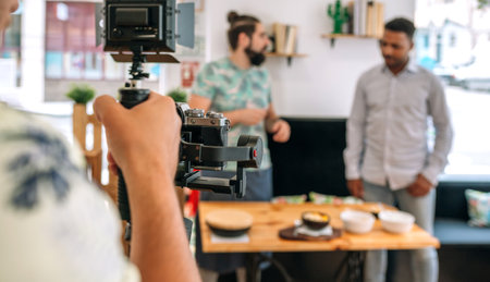 Unrecognizable camera operator recording cooking workshop. Selective focus on camera in foregroundの写真素材