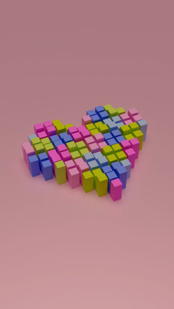 Geometric heart divided in pixel blocks with soft pastel colors over pink background. 3D render...