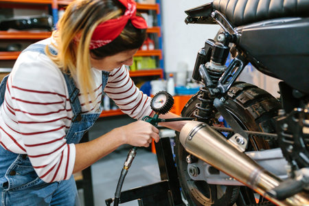 Mechanic woman with manometer checking tire air pressure of motorcycle on factoryの写真素材
