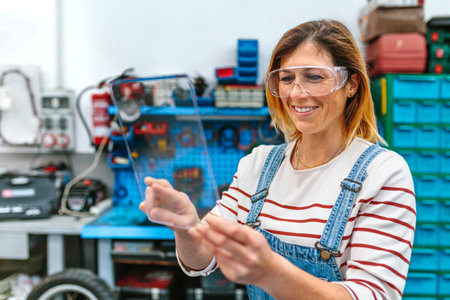 Portrait of happy female mechanic with security glasses touching transparent tablet while working on garageの写真素材