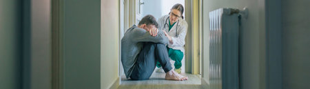 Female doctor assisting and comforting to male patient with mental disorder and suicidal thoughts sitting on the room floor of hallwayの写真素材