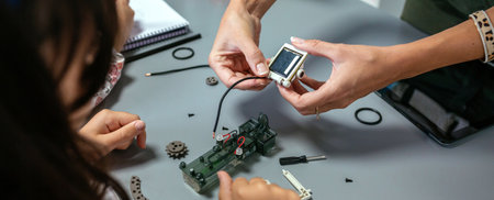 Unrecognizable female teacher explaining to girl student how connect a solar panel on electrical circuit in a robotics class. Elementary technological education concept.の写真素材