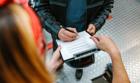 Unrecognizable female mechanic with red hair bandana holding a clipboard while biker man wearing leather jacket signing insurance policy to receipt his repaired motorcycleの写真素材