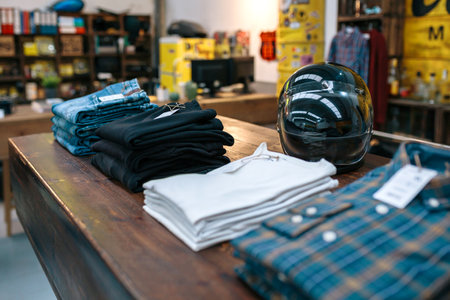 Black motorbike helmet and new clothes collection over counter on vintage store. Organized apparel stacks ready to sell on shop with industrial style. Clothes small business concept.の写真素材