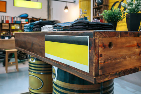 Close up of empty frame in three colors with copy space for advertising or custom text. Metallic plate over wooden counter supported by fuel barrels on vintage clothes store with industrial style.の写真素材