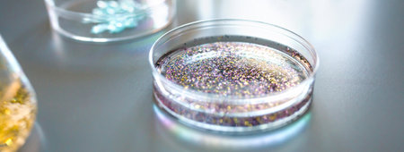 Banner of petri dish with colorful glitter sample mixed in analysis fluid over a table in environment research lab. Concept of investigation about dangerous microplastics banned by European Union.の写真素材