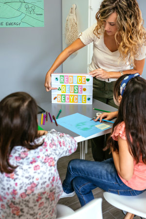 Female teacher explaining to students in classroom how it is a ecologic process while pointing to...