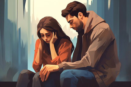 Upset young woman and frustrated man looking down sitting after discussion about their relationship. Illustration of displeased couple having marriage problems. Separation and divorce concept.の素材