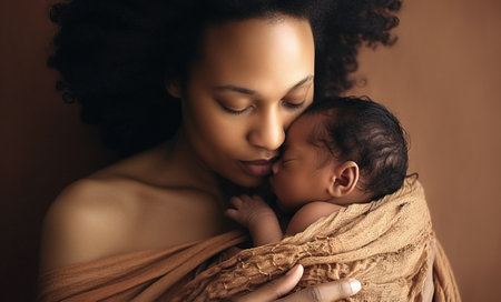 Close up of young afro american black woman with closed eyes hugging newborn sleeping wrapped in a blanket for comfort over brown studio background. Concept of love in motherhood and care of childhoodの素材