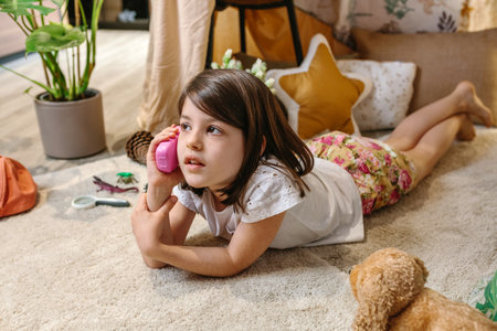 Portrait of little girl talking with toy phone lying over rug surrounded by cushions and plants in handmade teepee.Happy child playing with a plastic cell in cozy shelter tent.Vacation camping at homeの写真素材