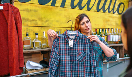 Friendly woman shop assistant with freckles showing plaid shirt to customer in store. Female client...