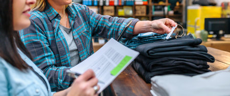 Banner of unrecognizable woman checking price label of black pants on second hand clothing store....