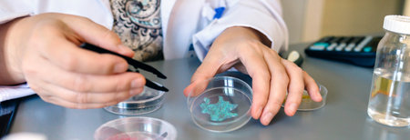 Banner of unrecognizable female chemist technician hands holding a blue glitter sample over petri...