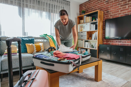 Portrait of concentrated woman packing suitcase, organizing clothes and accessories while preparing for an exciting summer travel vacation, creating a stress free and efficient packing experience.の写真素材