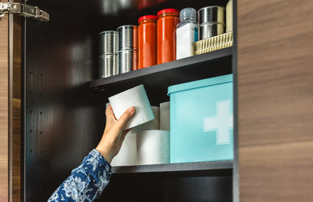 Close up of unrecognizable female hand filling toilet paper to emergency food pantry in kitchen, preparing for potential disasters. Alert, foresight and self sufficiency. 72 hours survival kit conceptの写真素材