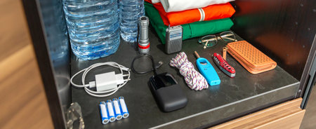 Banner of 72 hour survival kit in kitchen cupboard with water bottles, clothes, radio, batteries, powerbank, flashlight, knife and lighter. Full pantry ready for disasters, war, pandemic or blackout.の写真素材
