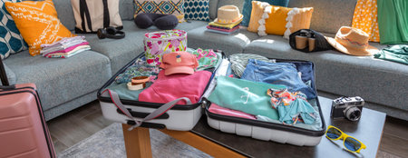 Panorama of open suitcase with summer clothes and accessories placed on coffee table and sofa in living room, symbolizing upcoming vacation and travel preparationsの写真素材