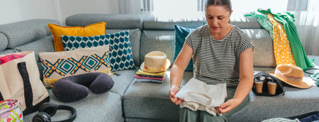 Banner of happy woman packing clothes into a suitcase while sitting on a sofa in her living room, eagerly preparing for an exciting summer vacation travel adventureの写真素材