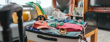 Banner of unrecognizable woman packing clothes into her suitcase with care, preparing for an exciting summer vacation, surrounded by travel accessories and various clothing items, ready for adventure.の写真素材