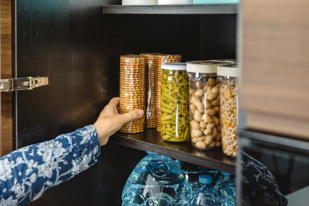 Close up of woman hand checking cookies package to 72 hours survival kit n cupboard. Alert, foresight and self sufficiency strategy. Female preparing emergency food pantry in kitchen for disastersの写真素材