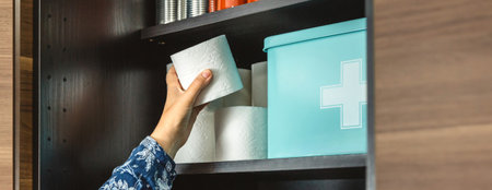Banner of unrecognizable female hand filling toilet paper to emergency food pantry in kitchen, preparing for potential disasters. 72 hours survival kit concept. Alert, foresight and self sufficiency.の写真素材