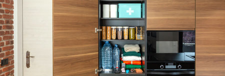 Banner of survival pantry stored according to government recommendations about emergency or war preparedness. Cupboard with packaged food, water bottles, first aid supplies and clothes in kitchen.の写真素材