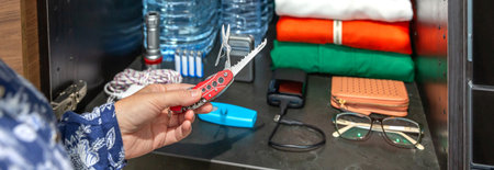 Unrecognizable woman hand holding multitool knife near emergency pantry closet with water, clothes,...