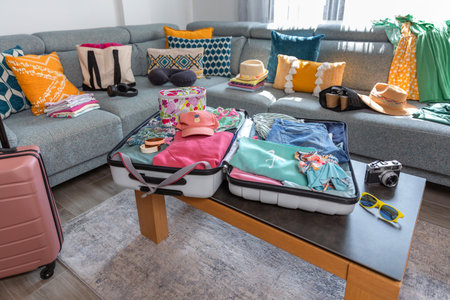 Open suitcase with summer clothes and accessories placed on coffee table and sofa in living room, symbolizing upcoming vacation and travel preparationsの写真素材