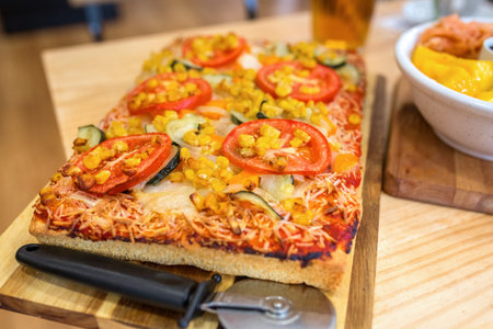 Close up of vegetarian pizza with melted cheese, tomato, zucchini, and corn kernels, being served with cutter on a wooden table on italian restaurant. Healthy and organic fast food concept.の写真素材