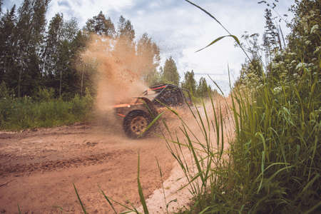 Panoramic scene of mud splash in off-road racing in Russia