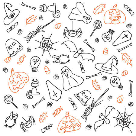 A set of hand-drawn doodle style black & orange icons. For more different doodles visit my portfolio. のイラスト素材