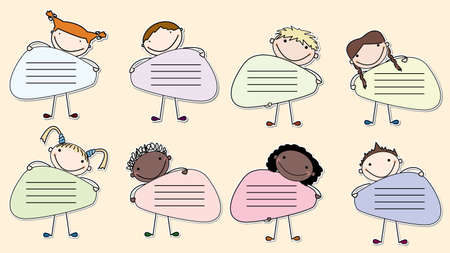 Collection of stickers with multiracial kids holding a banners.のイラスト素材