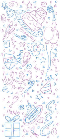 Hand-drawn doodles with many things for celebration of birthday and partyのイラスト素材