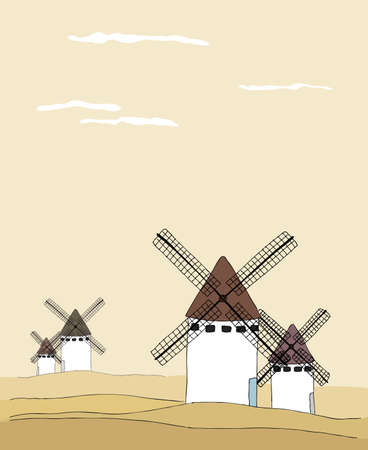 Traditional tranquil landscape with windmillsのイラスト素材
