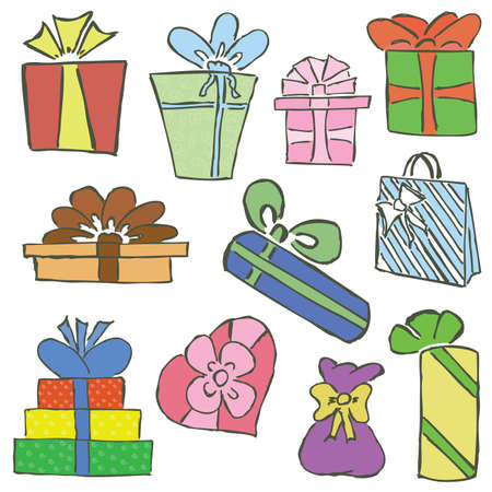 Set of colored hand-drawn gifts isolated on white backgroundのイラスト素材