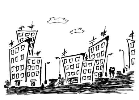 Hand-drawn illustration of the cityscape and coupleのイラスト素材